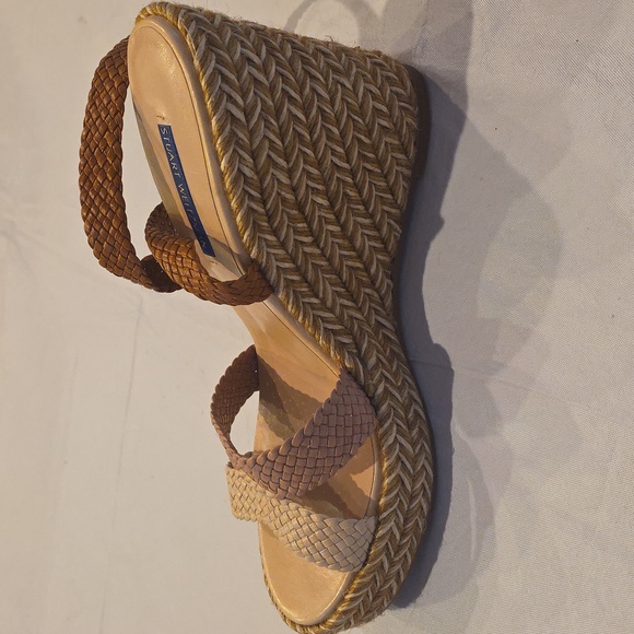 Stuart Weitzman Elsie Espadrille Wedge Ankle Wrap Sandal Beige Platform High 9.5 - Picture 6 of 13